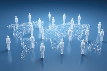 Global network human figures on world map, linked by lines