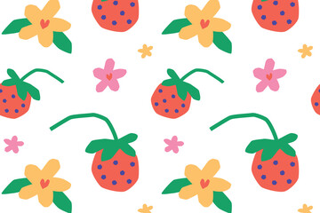 Cute seamless pattern with strawberries on branch and flowers, naive doodle style, flat cartoon elements, childrens illustration, sweet floral decorative design, textile, wrapping, print pattern