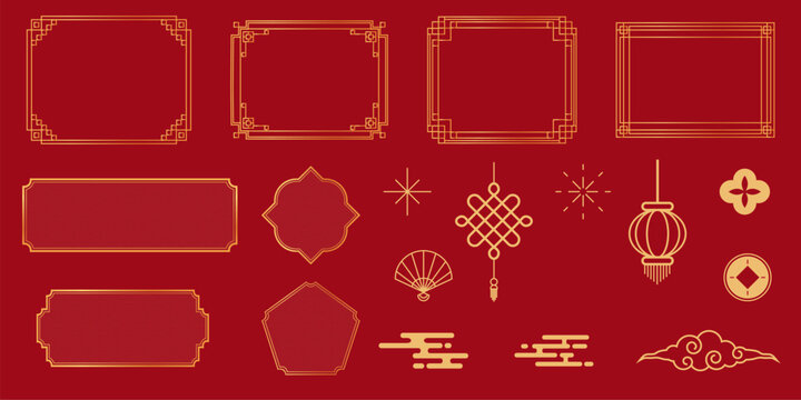 Asian golden element set decorative frames, corners, borders, flowers , clouds, hanging lantern and knotting in Chinese style.