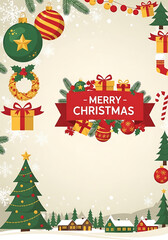 Festive christmas background with ornaments gifts and winter village scene creating a joyful holiday atmosphere perfect for greeting cards and seasonal designs