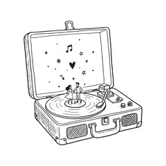 Hand drawn sketch of a vintage suitcase record player with a miniature couple dancing on the spinning vinyl. Romantic musical concept illustration with love hearts and notes.
