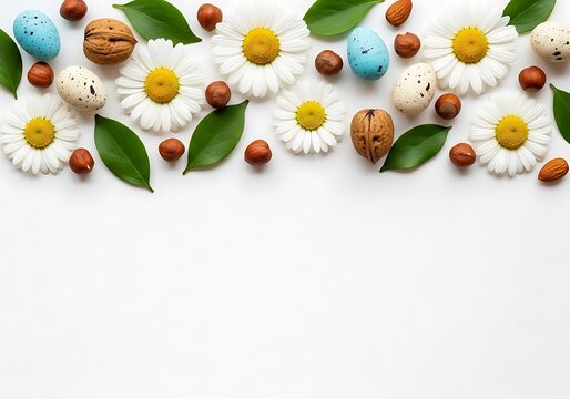Easter border with daisy flowers, eggs, nuts isolated on white background