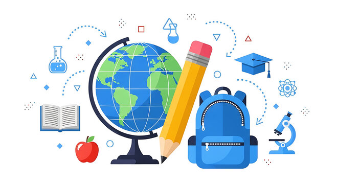 Vector illustration of an education concept with school icons like a globe, pencil, and backpack