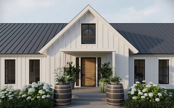 White modern farmhouse exterior with dark metal roof and wooden door image - Powered by Adobe