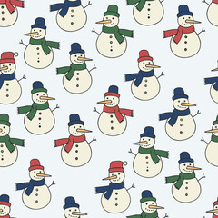 Christmas Pattern Vector. Seamless Christmas Snowman Pattern with Hat and Scarf. Merry Christmas Cheerful Seamless Pattern Background. Perfect for textile, wallpaper or print design.