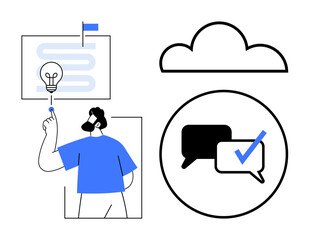 Man interacting with idea flowchart, cloud symbol, and communication icons. Ideal for teamwork, project planning, idea exchange, workflow automation, digital collaboration, innovation simple flat