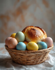 Basket with Easter kulich and rainbow eggs poster