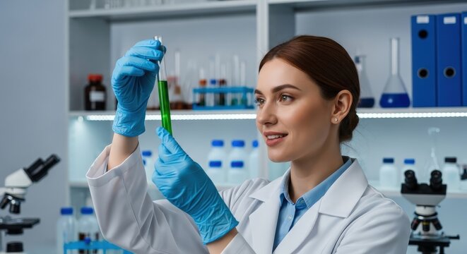 Young woman scientist examines green liquid in a test tube while smiling in a bright laboratory
