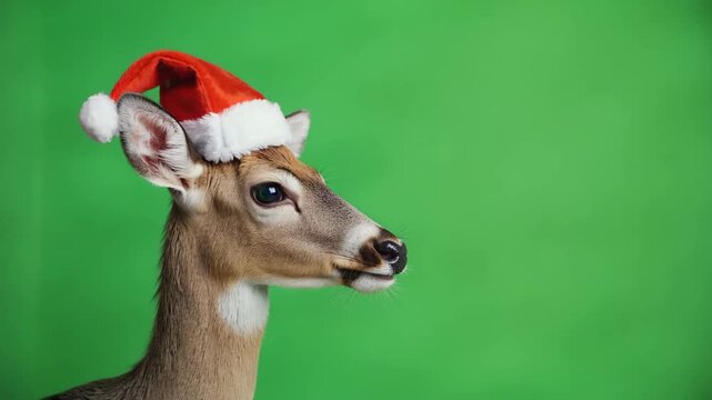 white tailed deer with christmas hat on green screen background