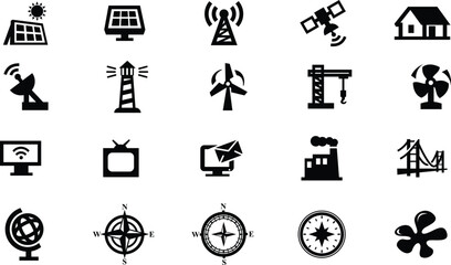 Collection of black and white energy and technology icons