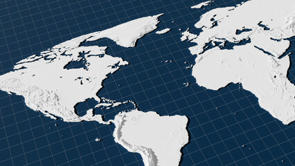 White Topographic World Map View of Americas Europe and Africa. 3d rendering