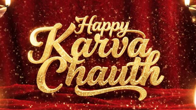 Golden Happy Karva Chauth Text Greeting with Traditional Diya