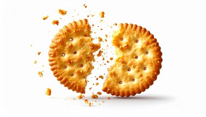 Crispy round cracker broken into pieces with crumbs flying isolated on a white background