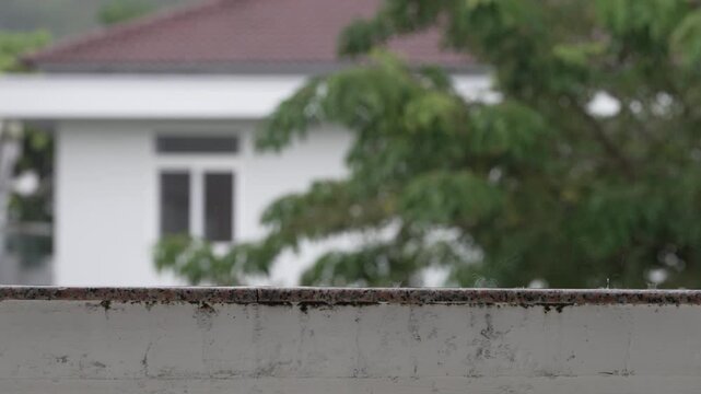 Raindrops falling on a stone balcony railing, blurry garden and house in the background