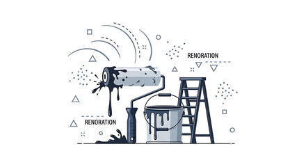Creative Line Art Illustration of DIY Home Renovation and Painting Equipment, Showcasing a Paint Roller, Can, and Ladder for Various Improvement Tasks