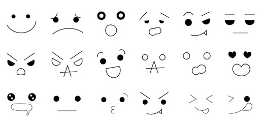 Hand-drawn illustrations of various facial expressions and emotions: smiling, troubled, angry, serious, surprised, amazed, heart, etc.