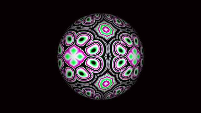 Abstract rotating sphere with pink, green, and black geometric fluid patterns.