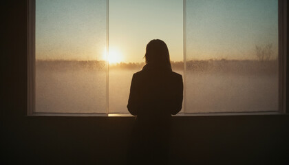 Silhouette of a Woman by a Frozen Window. The First Dawn of the New Year: Hope and Serenity