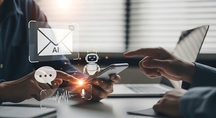 Hands interacting with digital communication icons on a smartphone screen representing modern business connectivity and teamwork