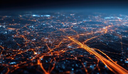 Abstract cityscape with glowing lines, like a circuit board from above