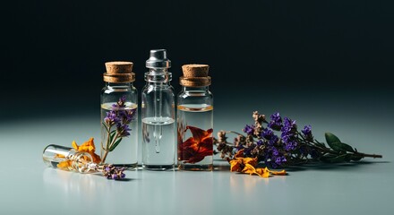 Tiny glass vials filled with liquid alongside natural botanical ingredients, symbolizing gentle, alternative wellness and natural health remedies ,botanical ,purity ,care