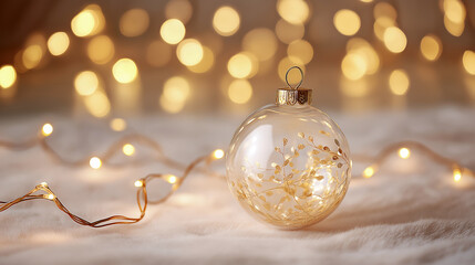 A delicate glass christmas ornament with golden botanical details resting on soft fabric, surrounded by warm fairy lights and glowing bokeh that create a cozy
