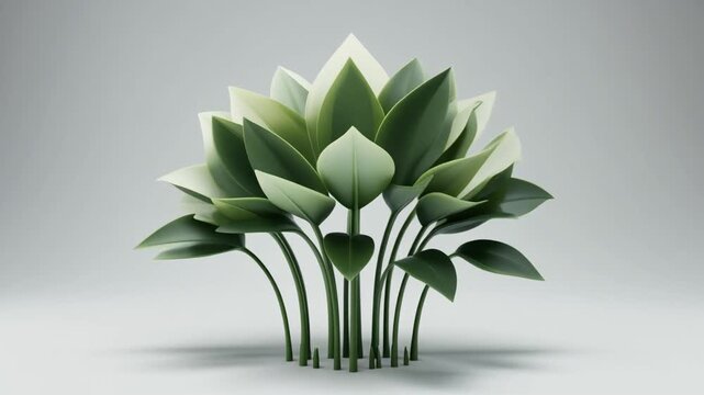 Minimalist 3D Animation of Stylized Green and White Foliage Growing on Light Background