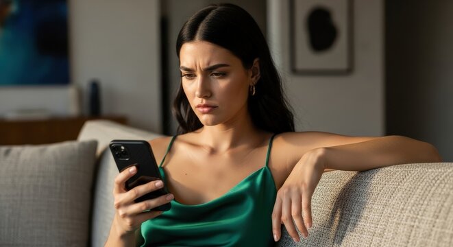 Young woman with a concentrated expression looking at her phone on a couch in her living room on a bright sunny day