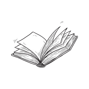 Hand drawn sketch of an open book with fanned pages. Vintage doodle illustration of a literature textbook or novel isolated on background.
