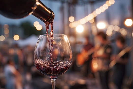 Pouring wine into glass, music in background, bokeh festive lights