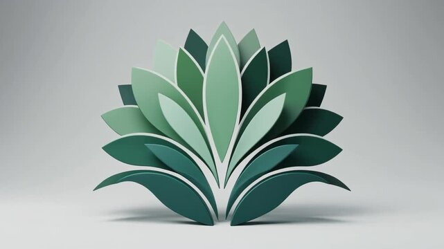 3D Animation of Stylized Green Succulent Blooming, Layered Leaf Motion Graphics on Grey Background, Minimalist Botanical Render