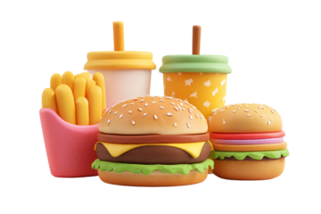 Playful fast food combo rendered in colorful 3D clay illustration isolated on transparent background
