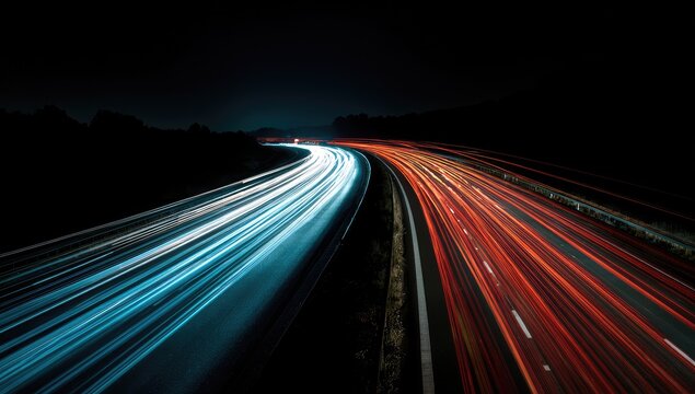 Night highway blue/red light trails arc against the darkness