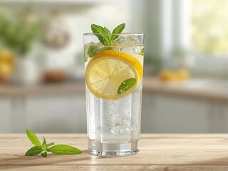 Refreshing glass of lemon and mint infused water with condensation droplets on a rustic wooden table. Healthy detox drink concept in natural morning light.