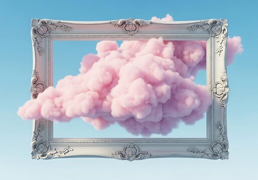 Pink cloud in a vintage frame against a blue sky background concept