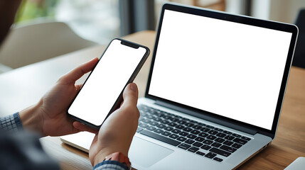 A person is seated at a desk, holding a smartphone and facing an open laptop, both displaying blank white screens. The indoor workspace is illuminated by natural light from a window.