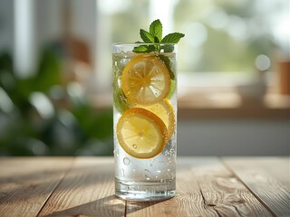Refreshing glass of lemon and mint infused water with condensation droplets on a rustic wooden table. Healthy detox drink concept in natural morning light.