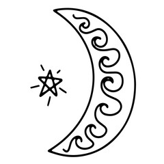 A black and white line drawing depicts a crescent moon and a star against a white background. boho. doodle