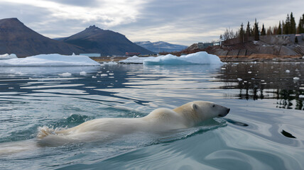 A majestic polar bear gracefully swims through the cold arctic waters, surrounded by floating icebergs and distant snowcapped mountains under a cloudy sky