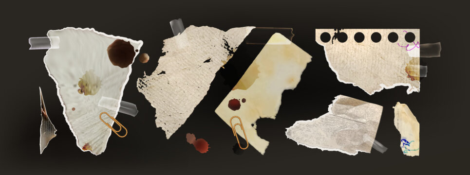 Dirty torn paper pieces set on black background. Vector realistic illustration of old ripped notebook pages with uneven edges and coffee stains, grungy collage with retro memory notes, evidence board