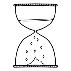 A black and white line drawing of an hourglass. hand-drawn style with thick, uneven black lines. boho. doodle