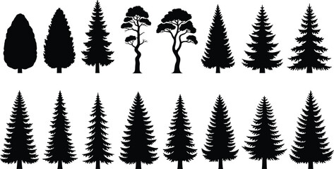 Collection of black pine tree silhouettes, coniferous forest plants, spruce and fir vector icons isolated on white background for landscape design © Ideasy Mind