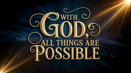 Inspirational golden typography quote with god all things are possible illuminated by dramatic light rays