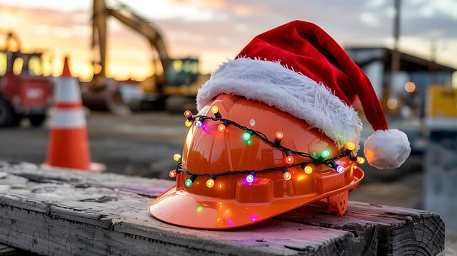 Orange hard hat adorned with a santa hat and colorful christmas lights sits on a wooden beam at a construction site - Powered by Adobe