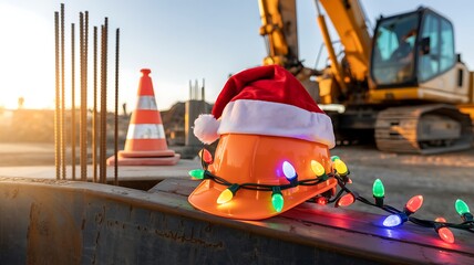 Festive construction site with santa hat and christmas lights adorning hard hat and safety cone
