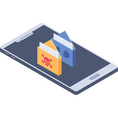Isometric Illustration of a Smartphone Displaying Two Folders One With a Skull and Crossbones Symbol and the Other With a Virus Icon Representing Cyber Security Threats and Malware on a White
