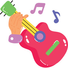 Hand Playing Pink Guitar with Purple and Blue Musical Notes Floating Around Against a Transparent Background
