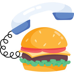 Illustration of a Hamburger Connected to a Telephone Handset with a Curly Cord on a Transparent Background