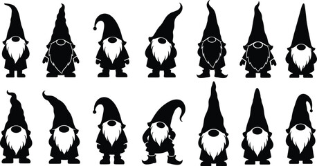 Collection of cute garden gnome silhouettes, funny dwarfs with tall hats and white beards, black vector illustration set isolated on white background