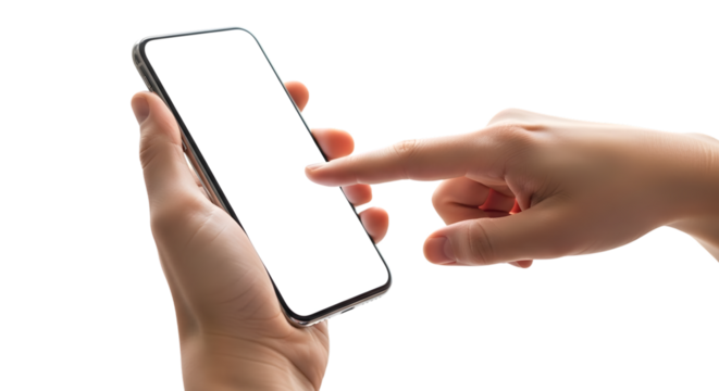 Hand holding and pointing at smartphone isolated on transparent background